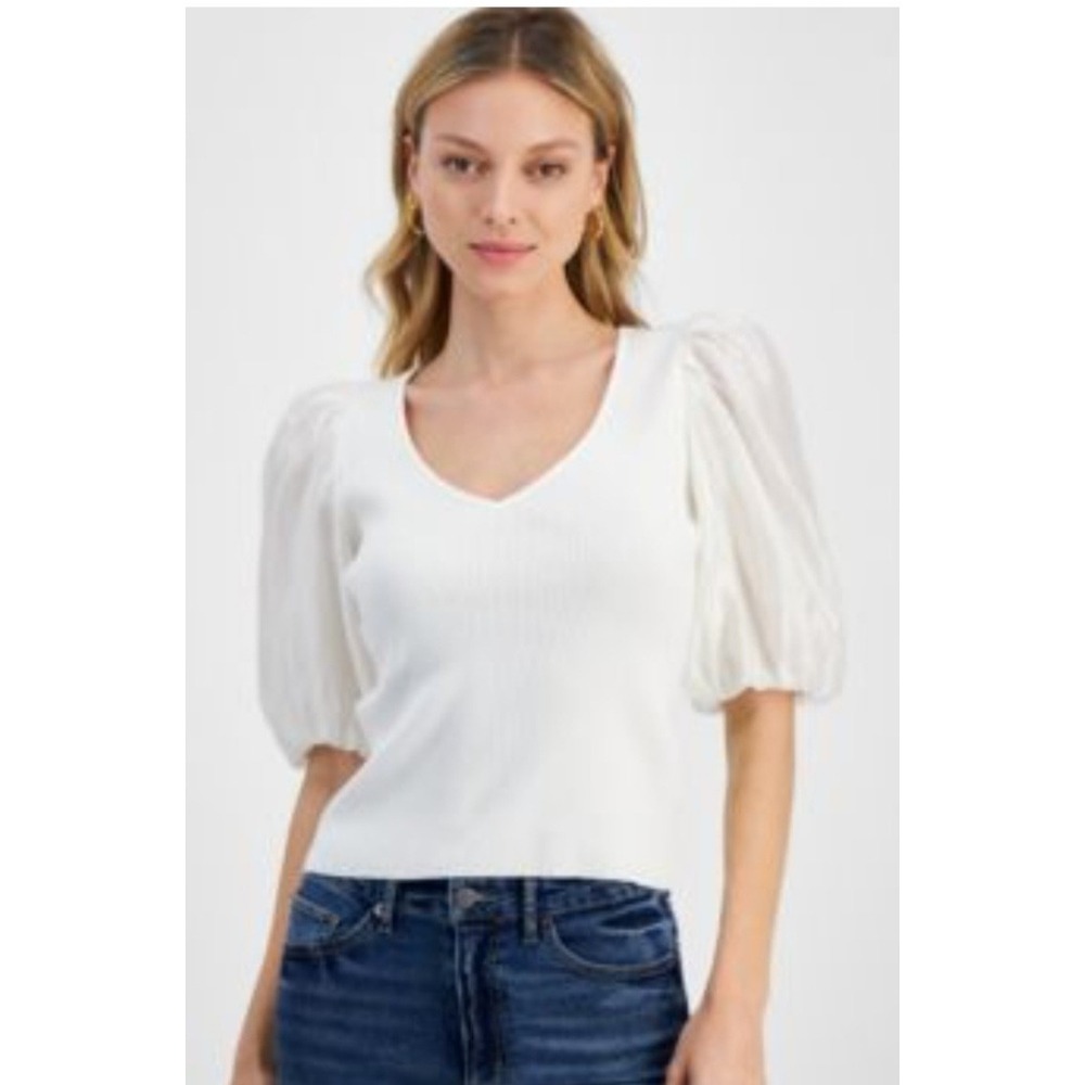 Lucy Paris White Ribbed Knit V-Neck Sheer Puff Sleeve Top Large